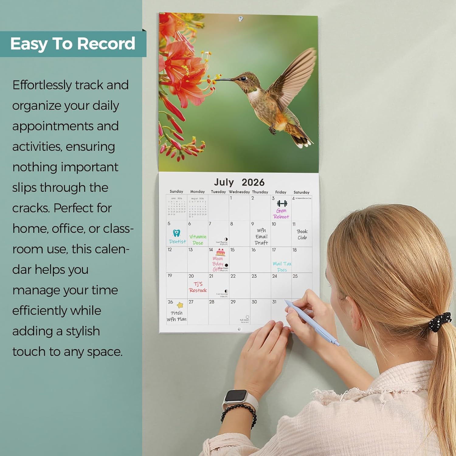 SKYDUE 2026 Wall Calendar 12"x24" Opened, 18-Month Puppy Dog Calendar from January 2026 to June 2027 with Stickers, Thick Paper Monthly Calendar for Home Office Organizing & Planning