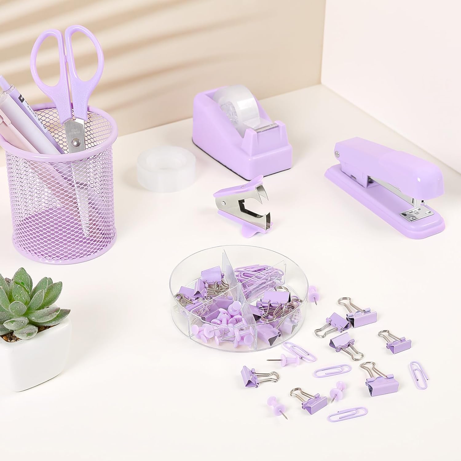 SKYDUE Pink Office Desk Accessories, Pink Office Supplies, Stapler, Tape Dispenser, Scissors, Clips and 1000pcs Staples,Office Supplies for Desk for Women