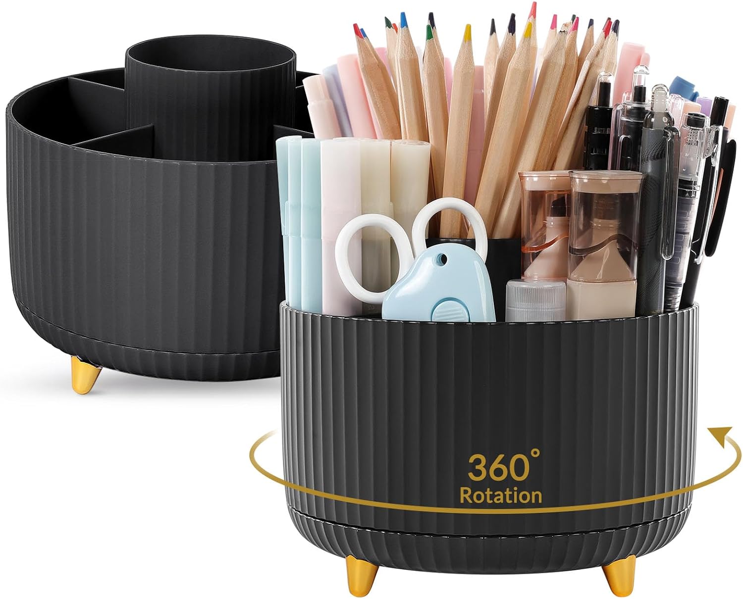 SKYDUE 360 Rotating Plastic Desk Pen Organizer with 5 Slots, Dual-Purpose Art Supply Pencil Cup for Office, School, Home