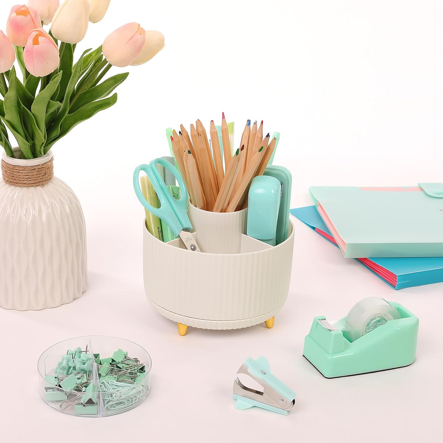 SKYDUE Pink Desk Accessories 10Pcs, Rotating Pen Holder for Desk, Stapler, Staple Remover, Tape Dispenser,2pcs Tape Refills, Binder Paper Clips Kit, Scissor,Pink Office School Supplies