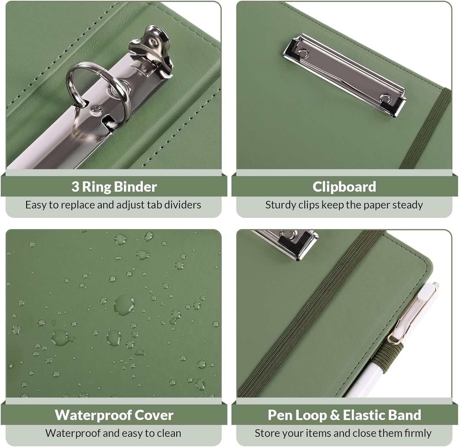 SKYDUE Clipboard Binder with Refillable Notepad, PU Clipboard Folder Includes 5 Dividers with 10 Pockets, Labels, 3 Ring Binder 1 Inch for School Office (Fit Letter Sized Paper),Olivegreen