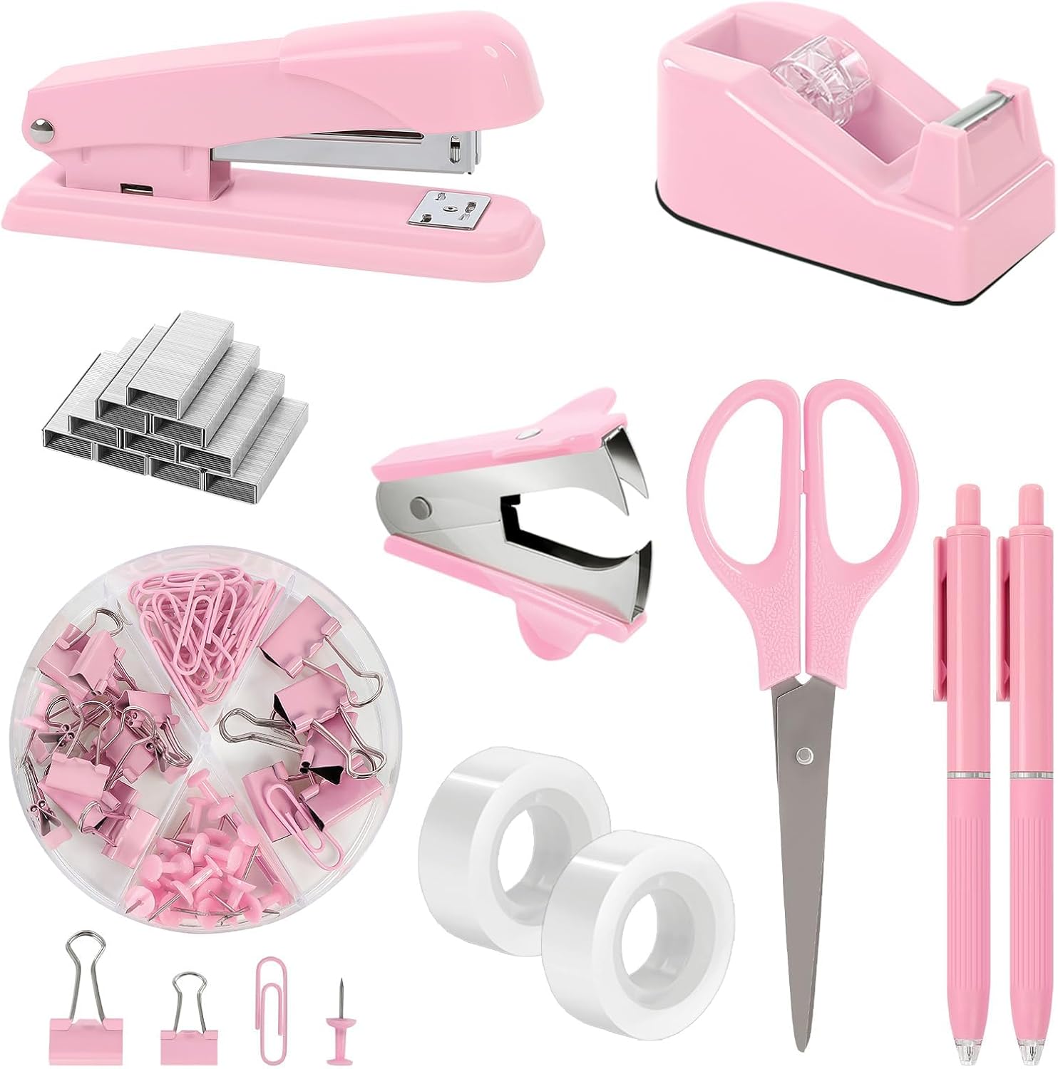 SKYDUE Pink Office Desk Accessories, Pink Office Supplies, Stapler, Tape Dispenser, Scissors, Clips and 1000pcs Staples,Office Supplies for Desk for Women