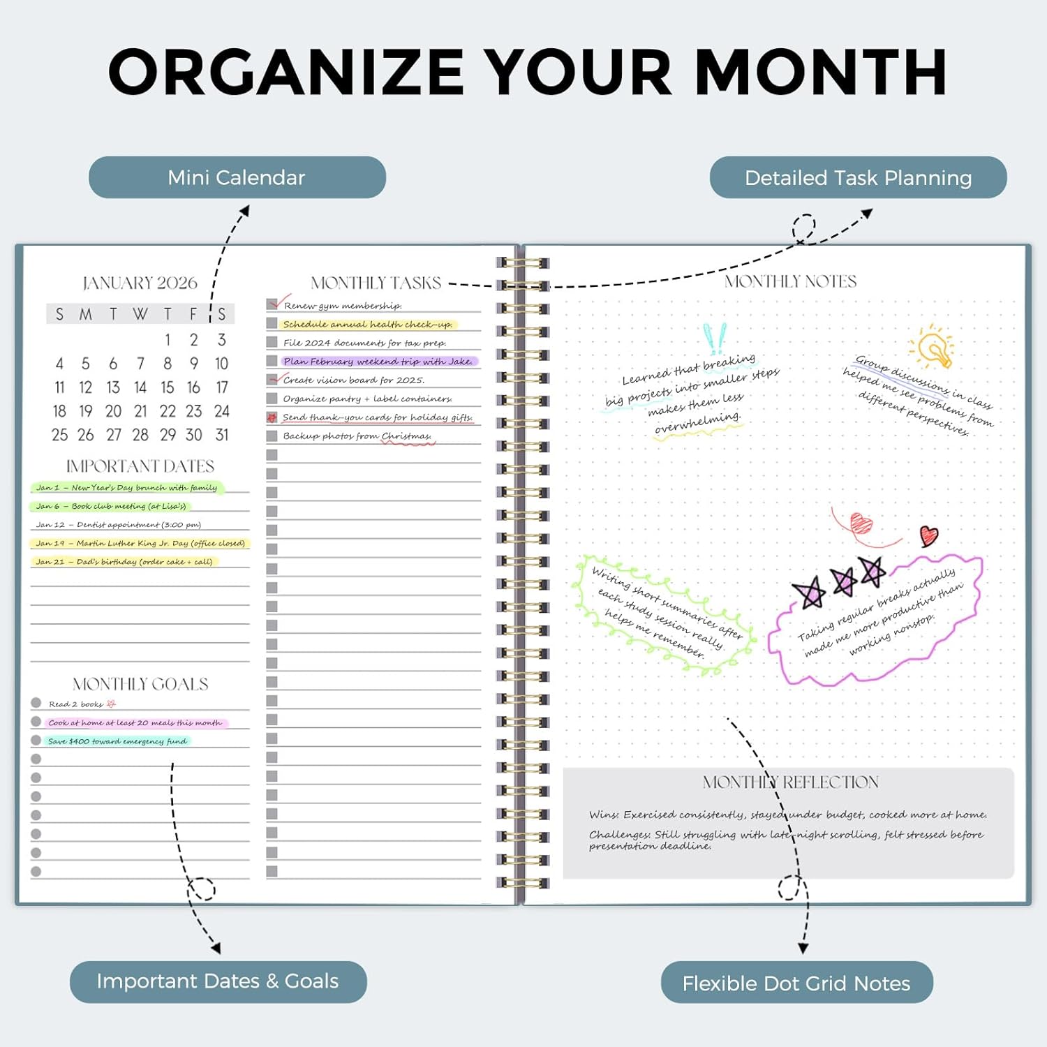 SKYDUE Monthly Planner 2026-2027, 24 Months Calendar Planner 2026-2027, 7.5" x 10" B5 Planner, Twin-wire Spiral Bound, Durable Waterproof Cover, Thick No-Bleed Paper, Floral