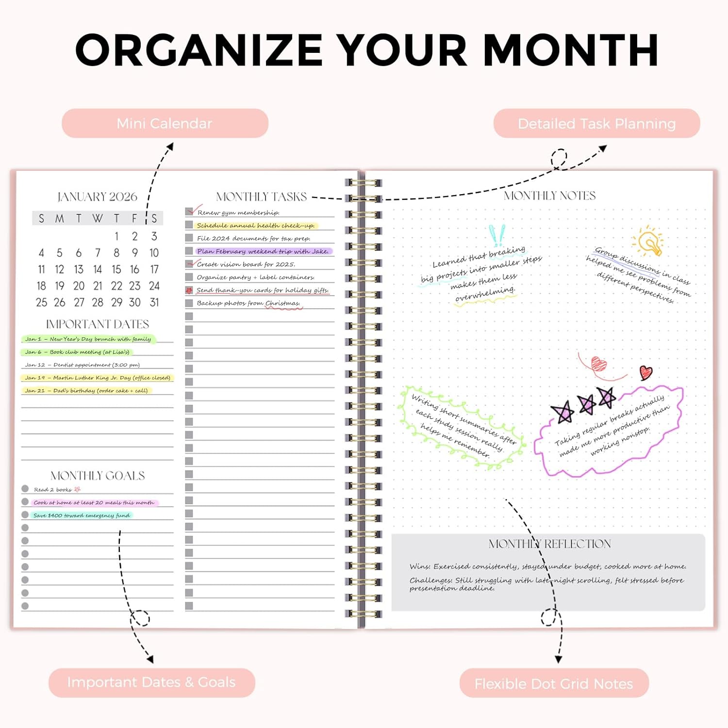 SKYDUE Monthly Planner 2026-2027, 24 Months Calendar Planner 2026-2027, 7.5" x 10" B5 Planner, Twin-wire Spiral Bound, Durable Waterproof Cover, Thick No-Bleed Paper, Floral