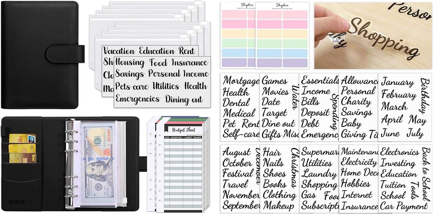 SKYDUE Buckle Budget Binder with Zipper Envelopes and 12 Pcs Budget Stickers Set