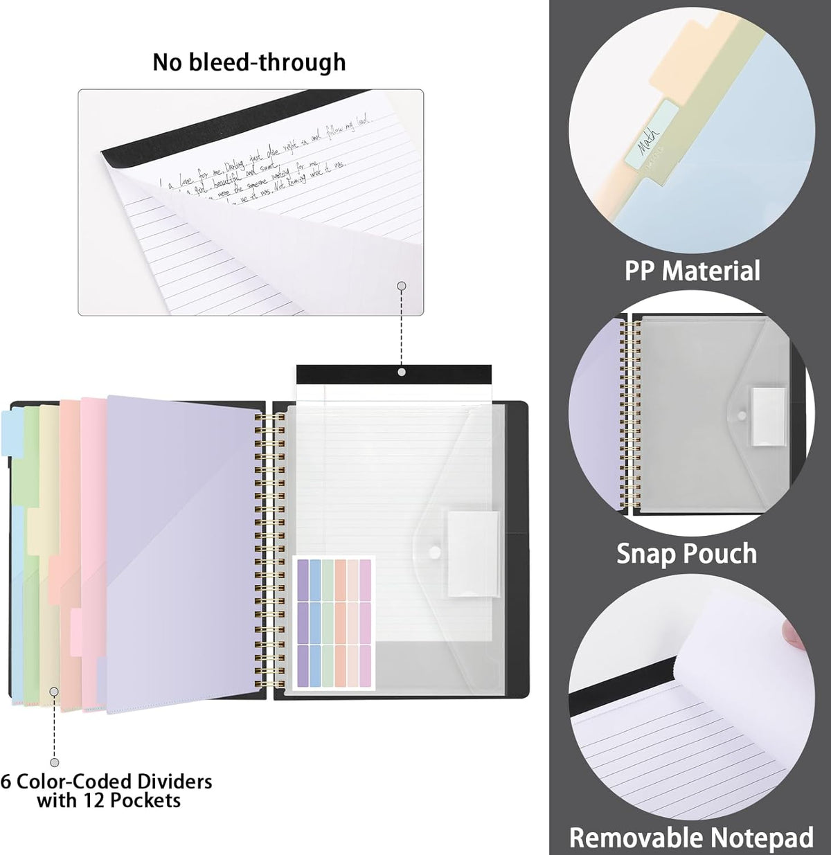 SKYDUE Clipboard Folder with Storage, 6 Dividers with 12 Pockets for Letter Size, Storage Clipboard Folio with Refillable Notepad, Spiral Clipboards Padfolio for Teacher Worker Supplies