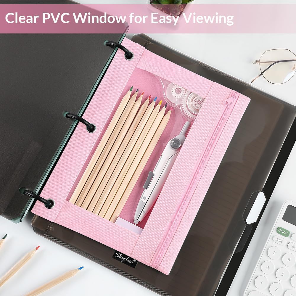 SKYDUE Pencil Pouch for 3 Ring Binder, Zipper Pencil Pouches for Girls Boys, Clear Window Pencil Case for Binder, Binder Pencil Pouch, Pencil Bag with Zipper,Pink & Purple