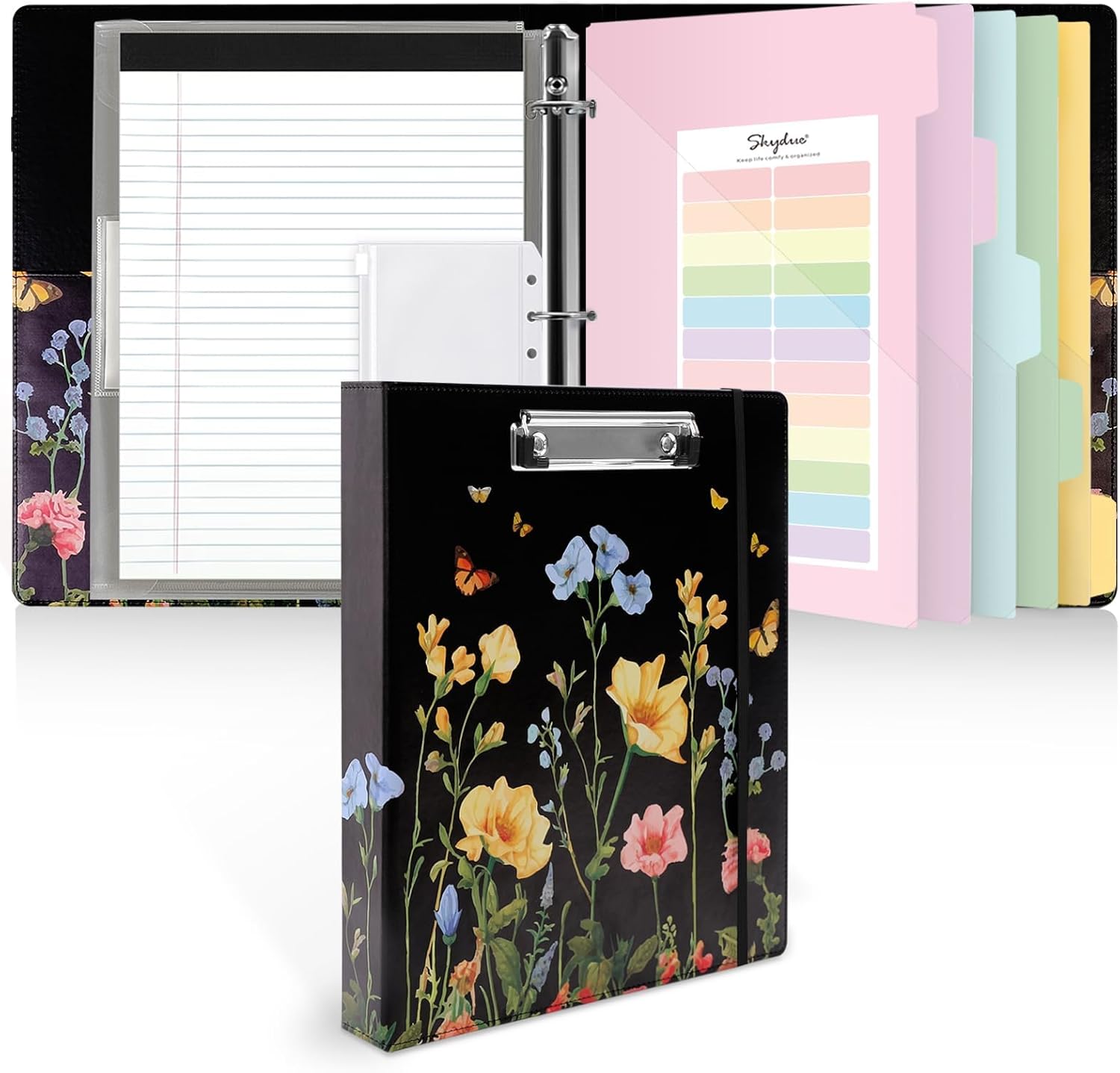 SKYDUE 1 Inch 3-Ring Binder with Clipboard, PU Aesthetic Binder with 5 Dividers, Notepad, Stickers & Pockets for Work and School (Letter Size)
