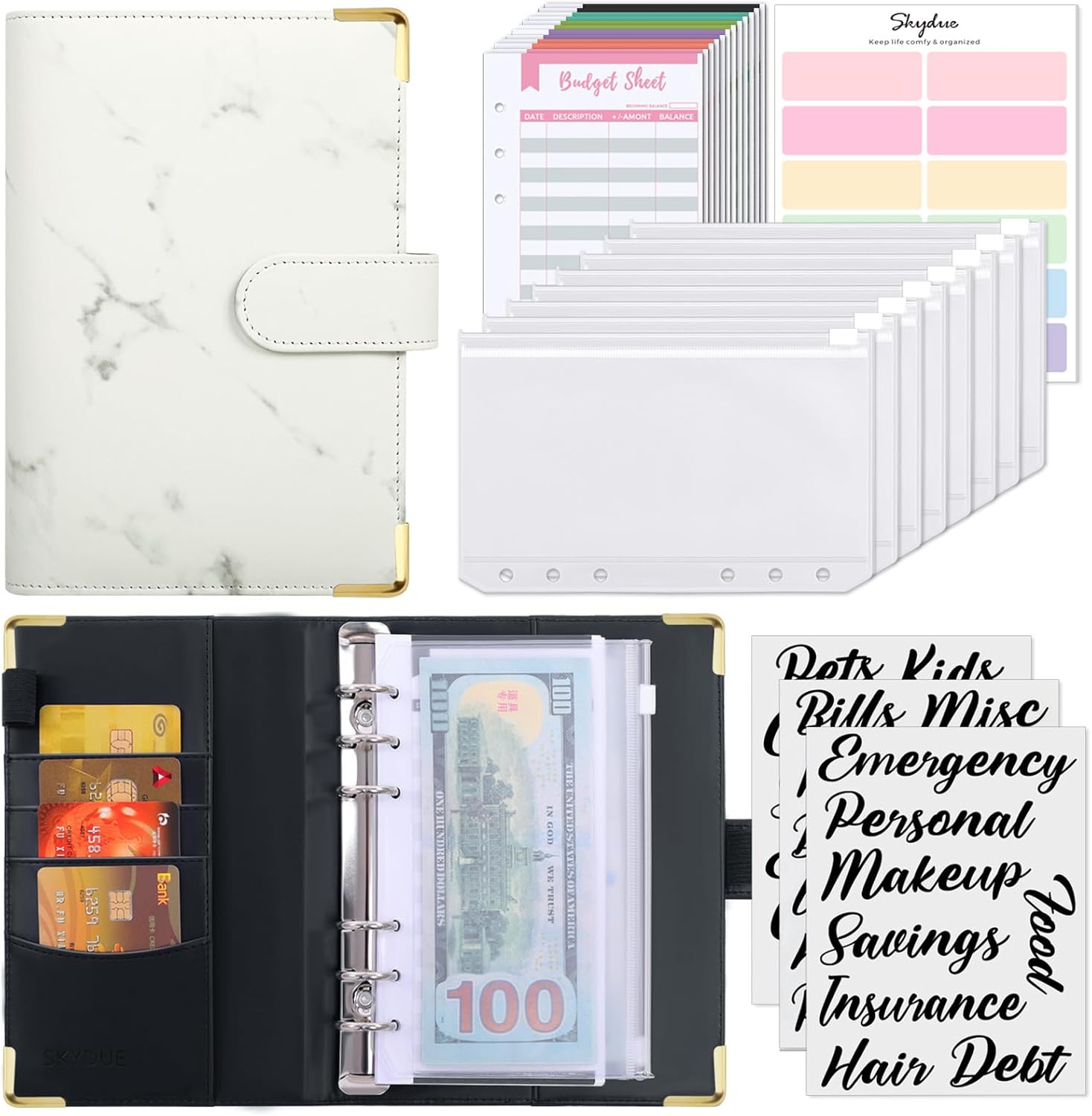 SKYDUE Budget Binder, Money Saving Binder with Zipper Envelopes, Cash Envelopes and Expense Budget Sheets for Budgeting