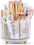 SKYDUE Rotating Pencil Pen Holder, Pen Organizer with 5 Slots - Aesthetic Desk Organizer and Accessories for School, Home, Office Supplies, Clear Pink