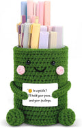 SKYDUE Crocheted Pen & Pencil Holder with Inspirational Card - Handmade Desk Organizer for Office, School, Home - Functional Desk Decor Pen Cup