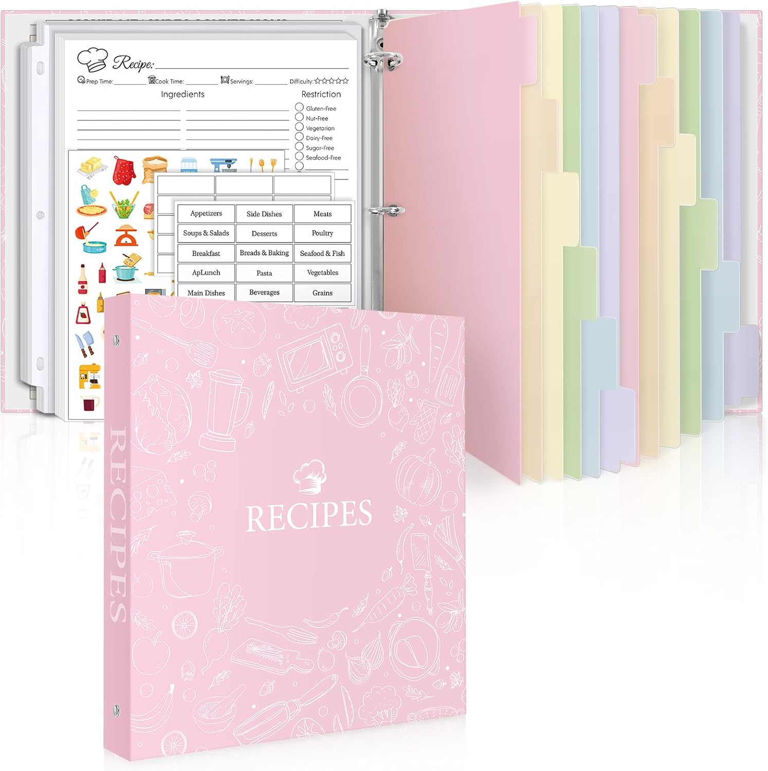Recipe Binder 8.5x11 3 Ring, 1" Round Rings, Recipe Book to Write in Your own Recipes, Recipe Binder with 60 Plastic Sleeves, 12 Dividers, 60 Blank Recipe Cards, Family Recipe Organizer