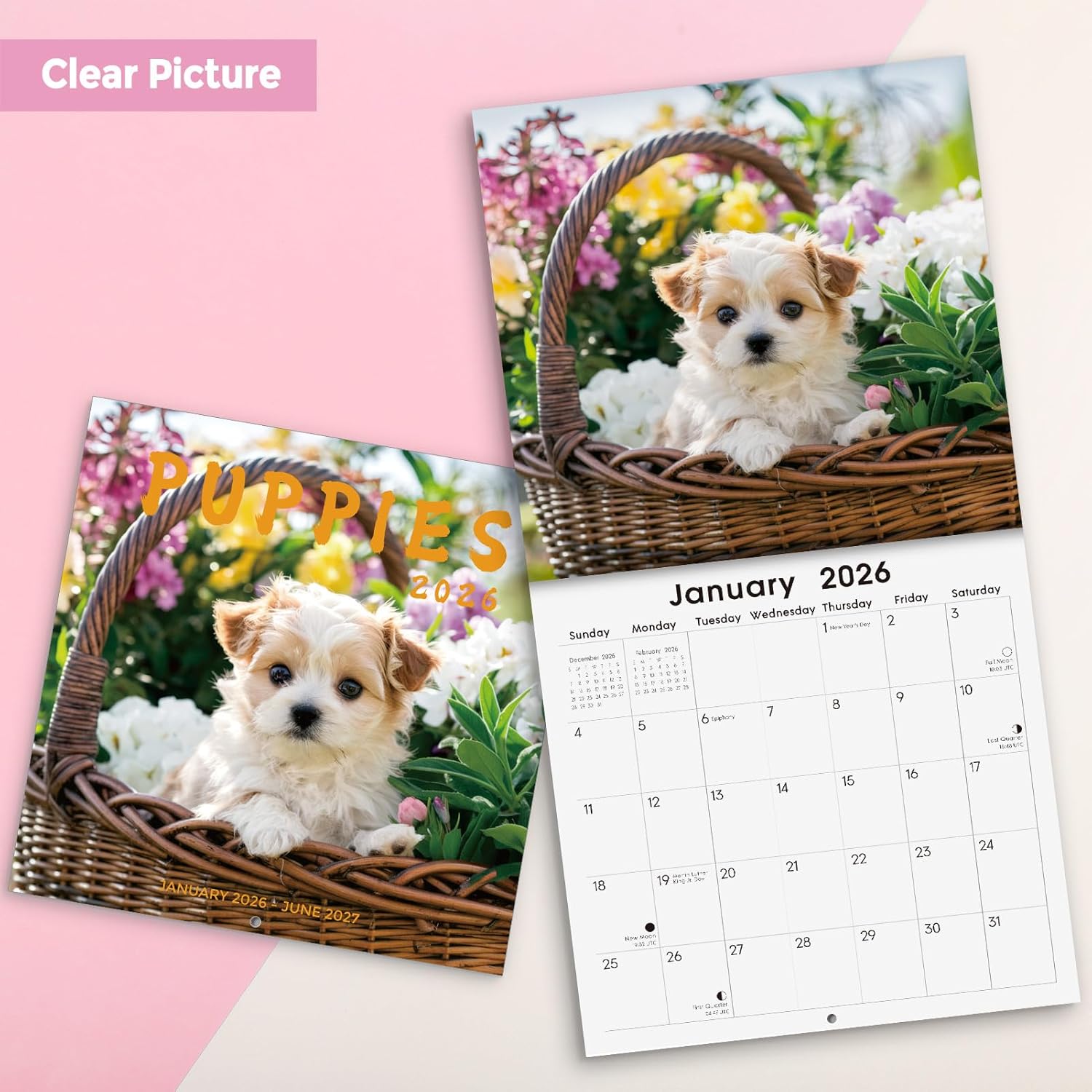 SKYDUE 2026 Wall Calendar 12"x24" Opened, 18-Month Puppy Dog Calendar from January 2026 to June 2027 with Stickers, Thick Paper Monthly Calendar for Home Office Organizing & Planning