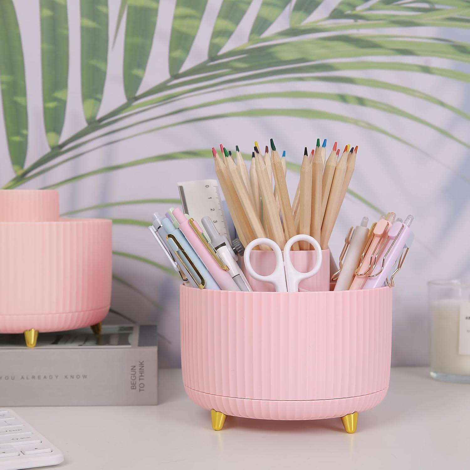 SKYDUE 360 Rotating Plastic Desk Pen Organizer with 5 Slots, Dual-Purpose Art Supply Pencil Cup for Office, School, Home