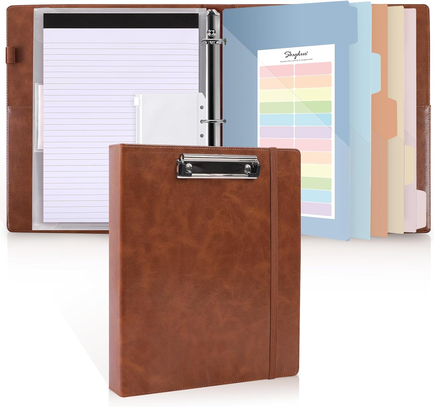 SKYDUE Clipboard Binder with Refillable Notepad, PU Clipboard Folder Includes 5 Dividers with 10 Pockets, Labels, 3 Ring Binder 1 Inch for School Office (Fit Letter Sized Paper),Olivegreen