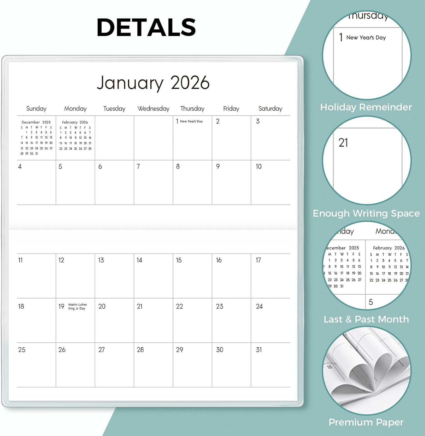Pocket Calendar 2026-2027 for Purse, 2026-2027 Pocket Planner 24 Months with Soft Waterproof Cover and Premium Paper, 6.5" x 3.5", Floral