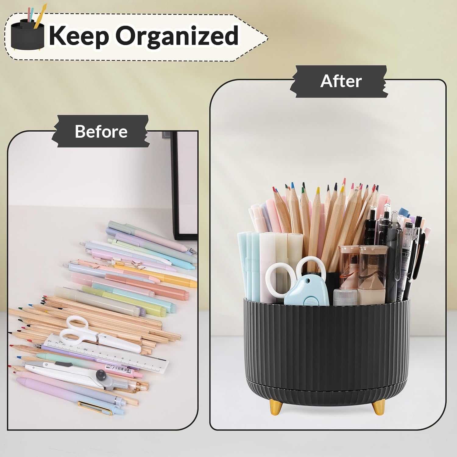 SKYDUE 360 Drgree Roating Desk Organizer, Rotating Pen Holder with Large Capacity Pencil Case, Suit for Office, School, Home, Black