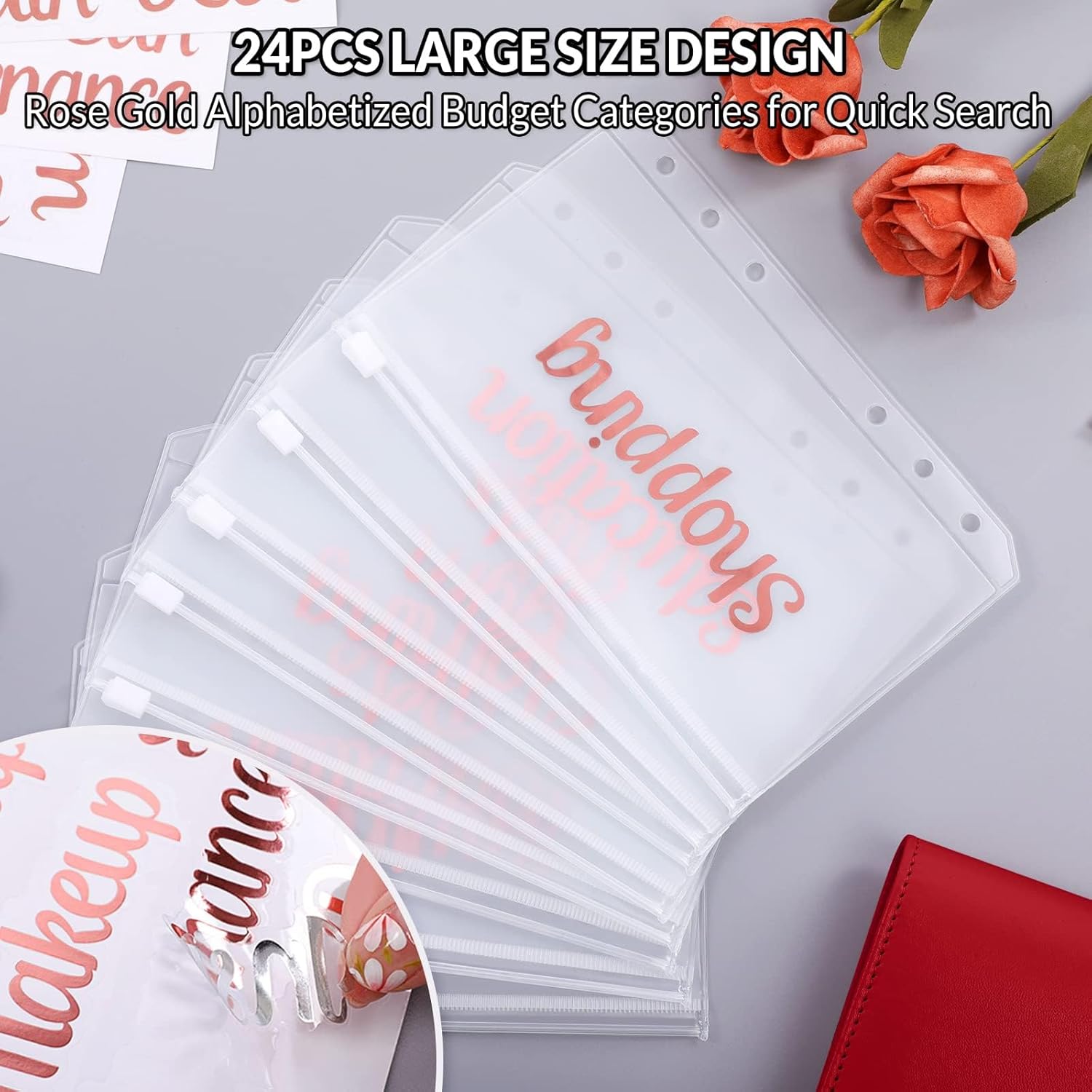 SKYDUE Budget Binder with 8pcs Zipper Envelopes,Money Organizer for Cash with 12pcs Expense Sheets & 24 Rose Gold Sticky Labels