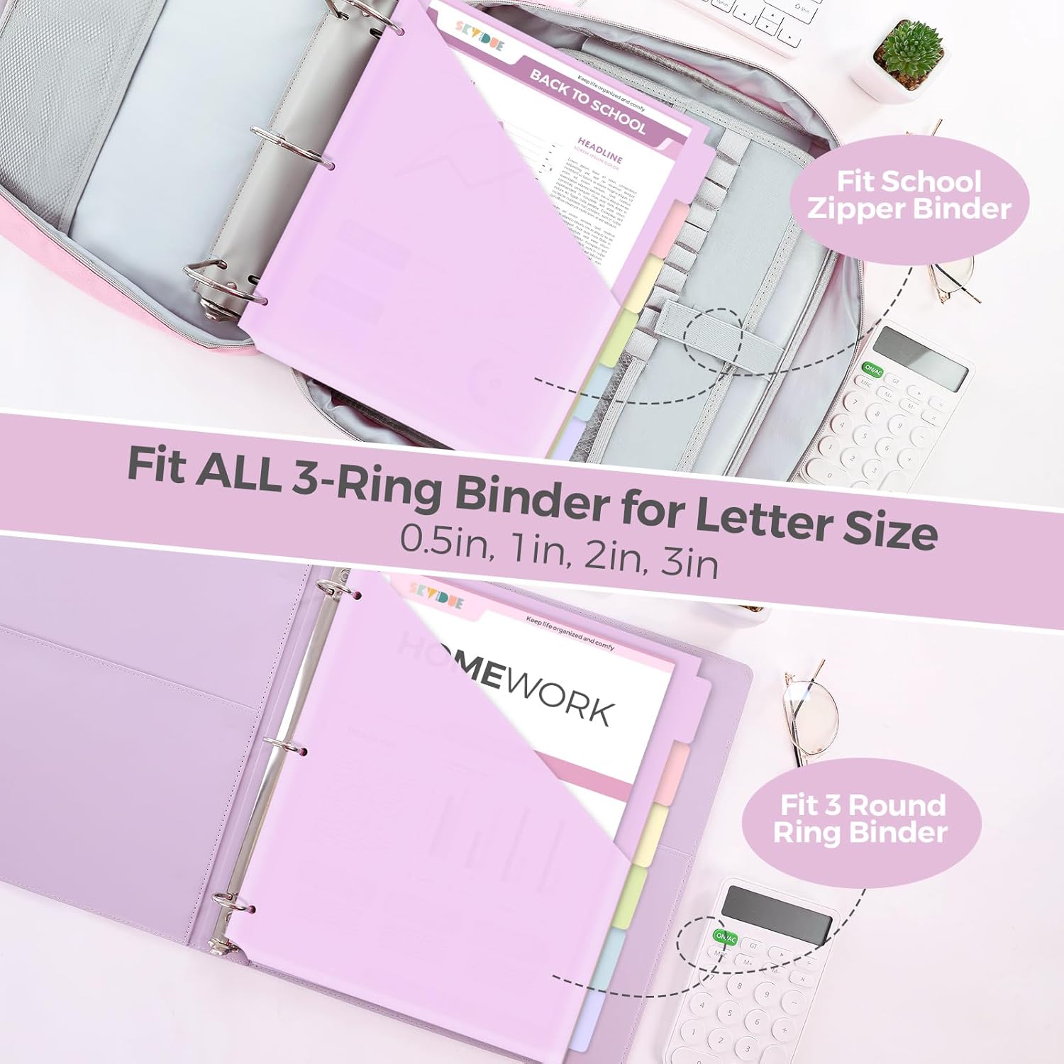 SKYDUE Binder Dividers with Tabs and Pockets, 6 Tabs Dividers for 3 Ring Binder, Tear-Resistant Plastic Binder Dividers for School, Office, Home