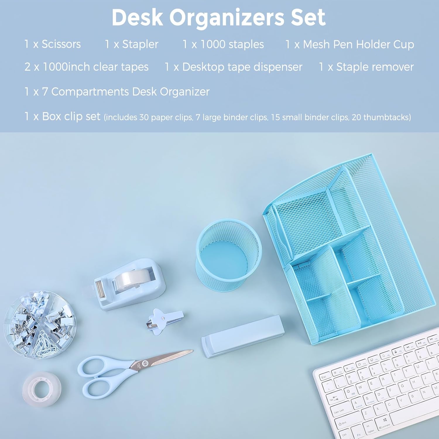 SKYDUE Pink Desk Accessories, Pink Office Supplies Set, Mesh Desk Organizer, Stapler, Tape Dispenser, Scissors, Binder/Paper Clips and 1000pcs Staples,Desk Organizer for Women