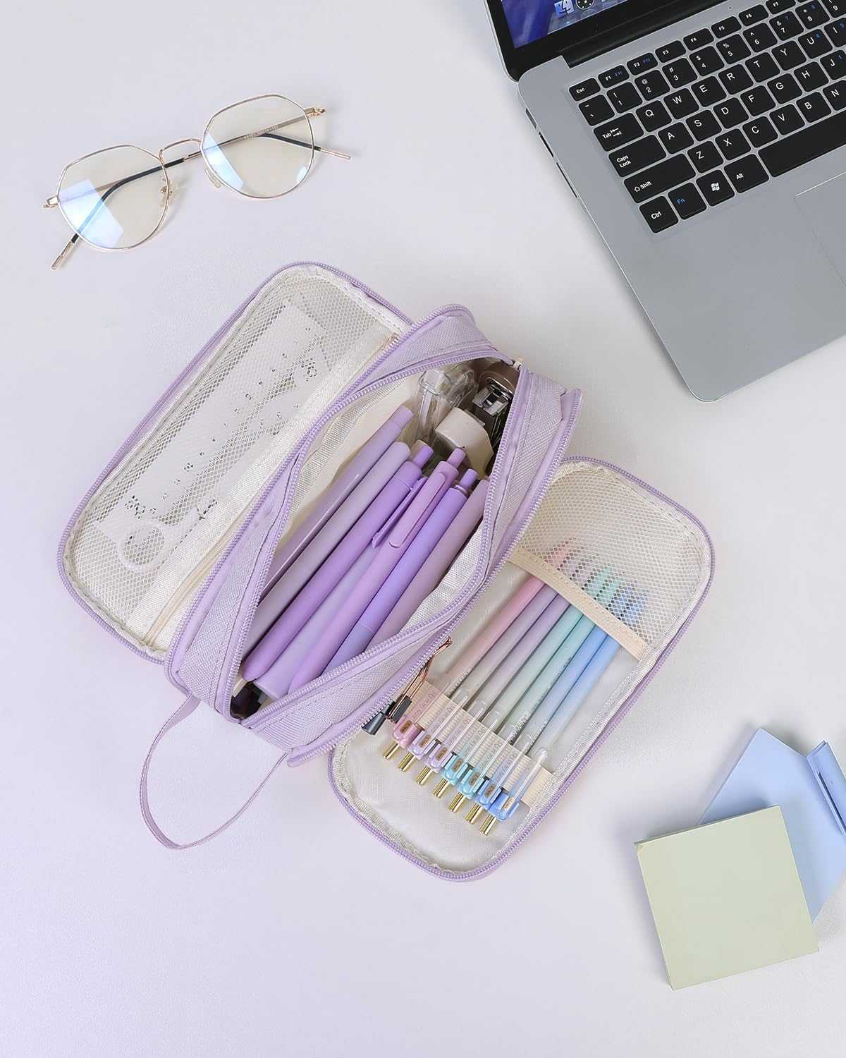 SKYDUE Large Capacity Pencil Case with 3 Compartments, Canvas Stationery Bag with Handle for Students Adults, Aesthetic Pen Holder Organizer for Office School Supplies, Purple