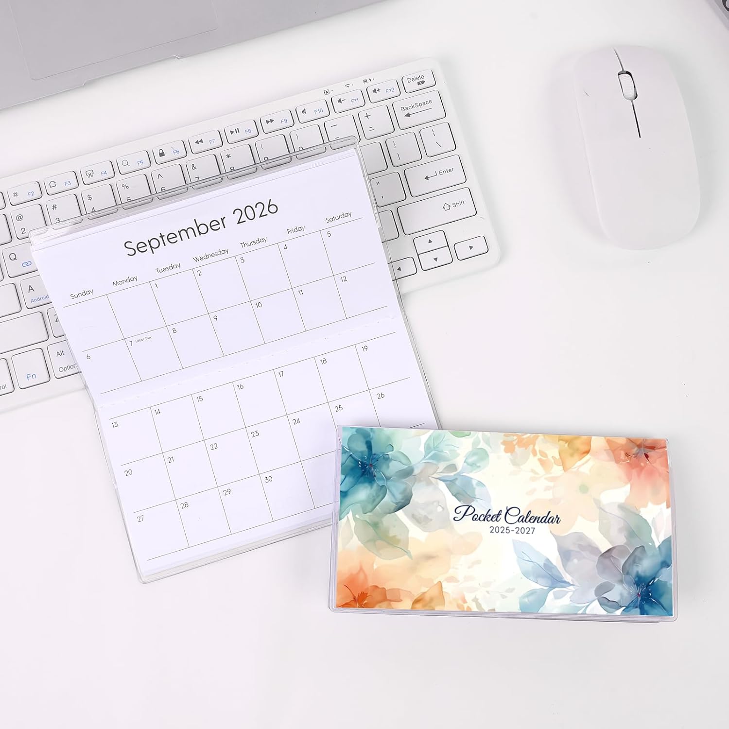 Pocket Calendar 2026-2027 for Purse, 2026-2027 Pocket Planner 24 Months with Soft Waterproof Cover and Premium Paper, 6.5" x 3.5", Floral
