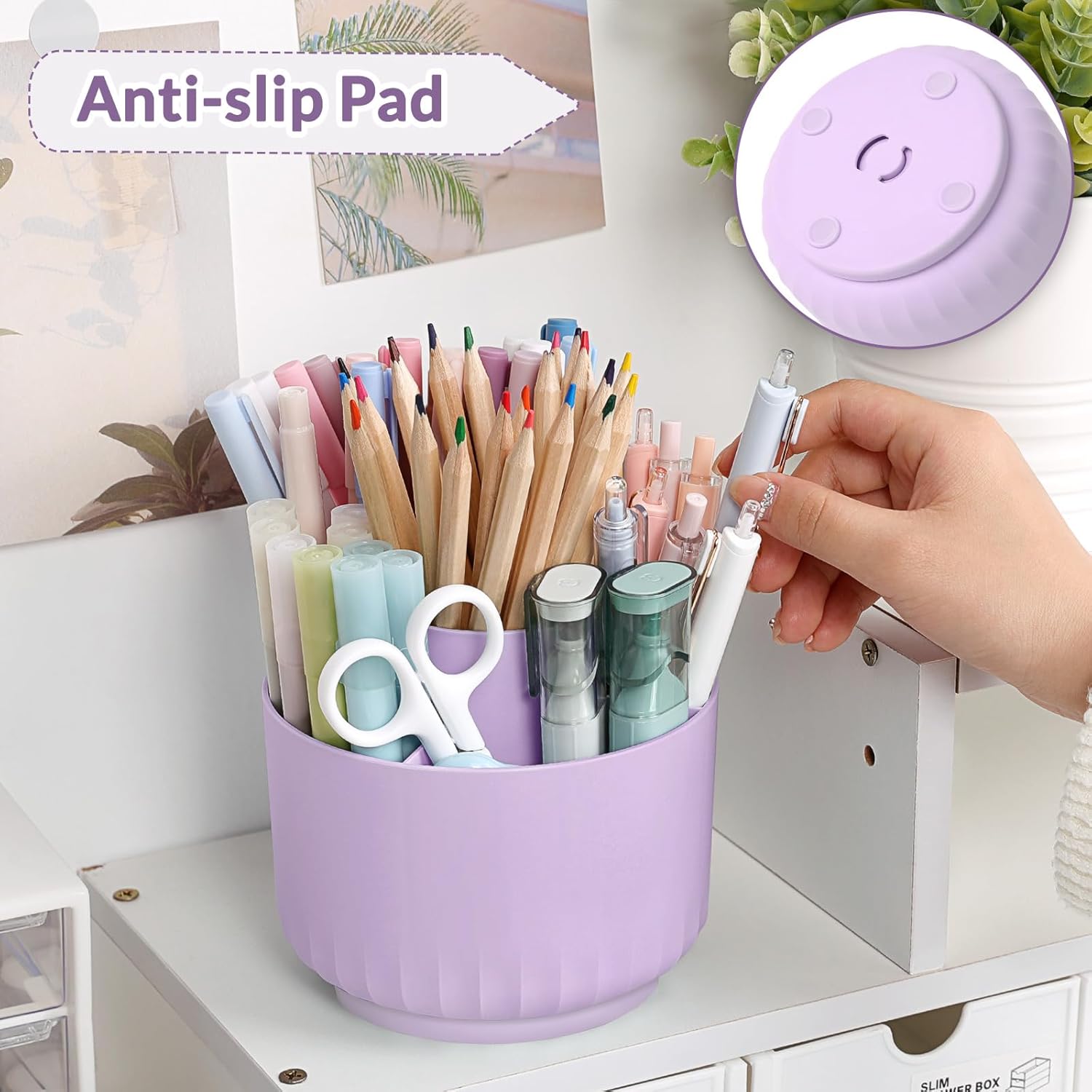 SKYDUE 360 Degree Rotating Pencil Pen Holder for Desk, Dual-Purpose Desk Organizer, Rotating Pencil Cup with 5 Slots, Office Supplies, Desk Decor for Office, School, Home