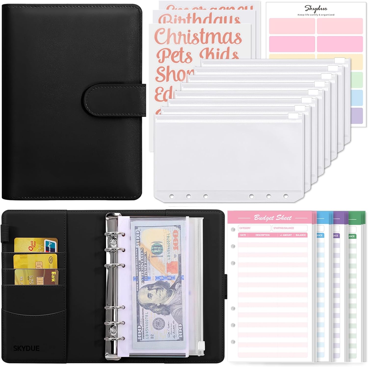 SKYDUE Budget Binder with 8pcs Zipper Envelopes,Money Organizer for Cash with 12pcs Expense Sheets & 24 Rose Gold Sticky Labels