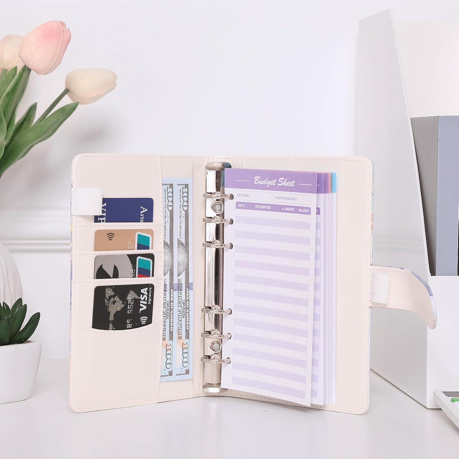 SKYDUE Budget Binder with 8pcs Zipper Envelopes,Money Organizer for Cash with 12pcs Expense Sheets & 24 Rose Gold Sticky Labels