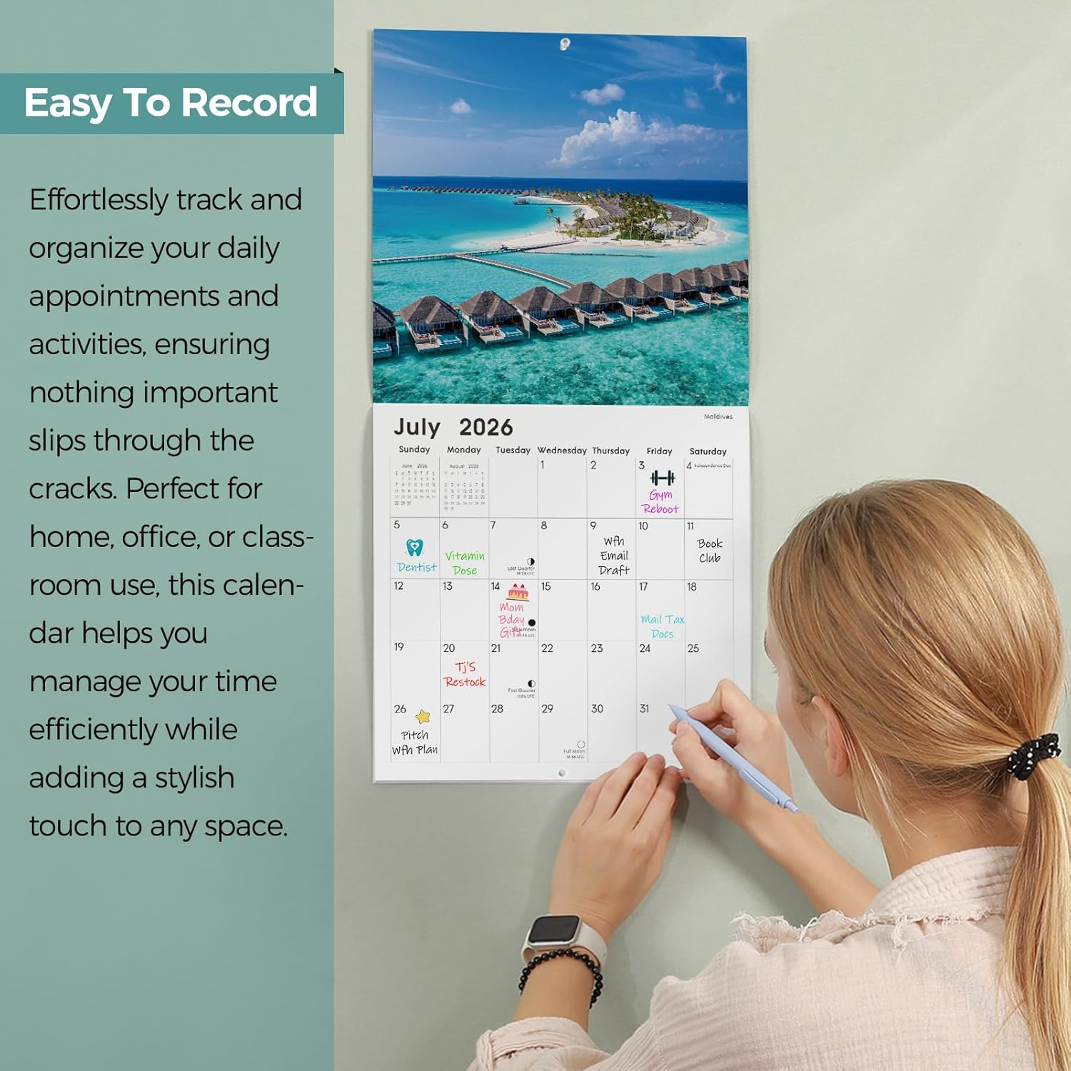 SKYDUE 2026 Wall Calendar 12"x24" Opened, 18-Month Puppy Dog Calendar from January 2026 to June 2027 with Stickers, Thick Paper Monthly Calendar for Home Office Organizing & Planning
