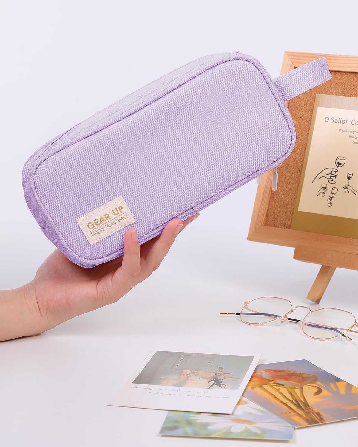 SKYDUE Large Capacity Pencil Case with 3 Compartments, Canvas Stationery Bag with Handle for Students Adults, Aesthetic Pen Holder Organizer for Office School Supplies, Purple