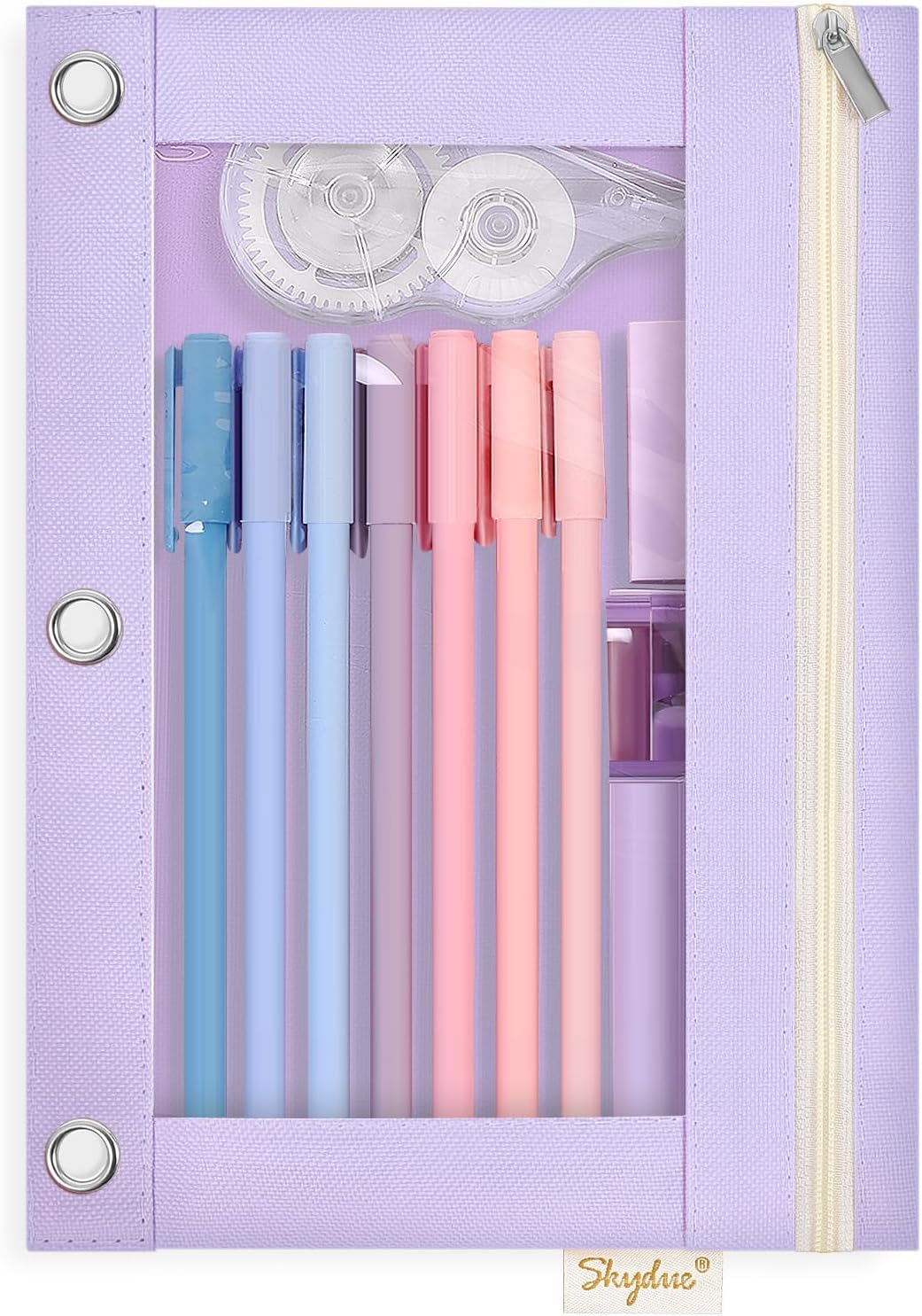 SKYDUE 3 Ring Pencil Pouch for Binder, Zipper Binder Pencil Pouch with 3 Pockets and Mesh Window, Durable Organizer for School Supplies, Cables, Earbuds, Makeup