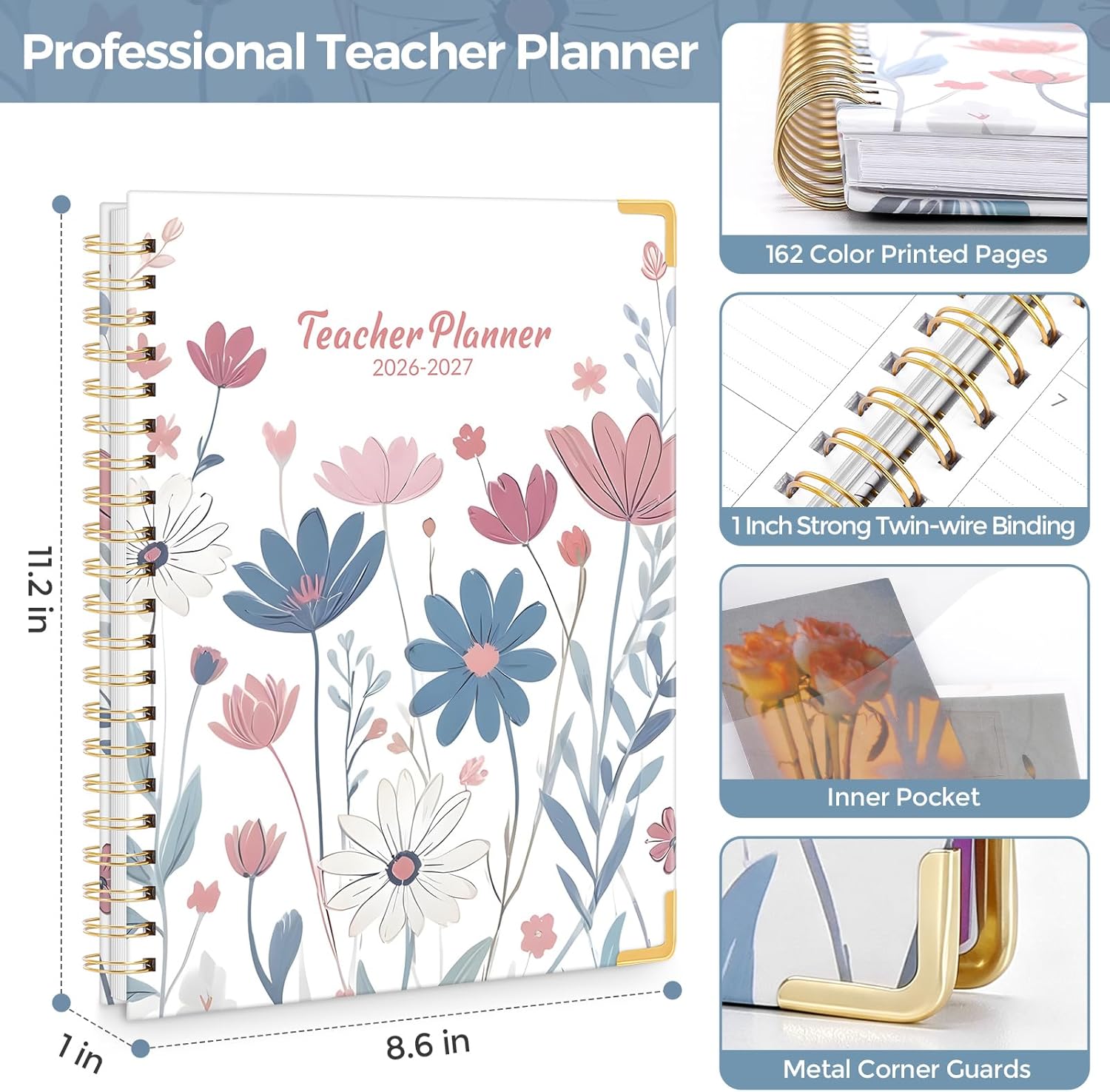SKYDUE Teacher Planner 2026-2027 Academic Year, 8.5" x 11" Deluxe Teacher Lesson Planner with Monthly Tabs & Stickers, Lesson Plan Book 26-27, Grid