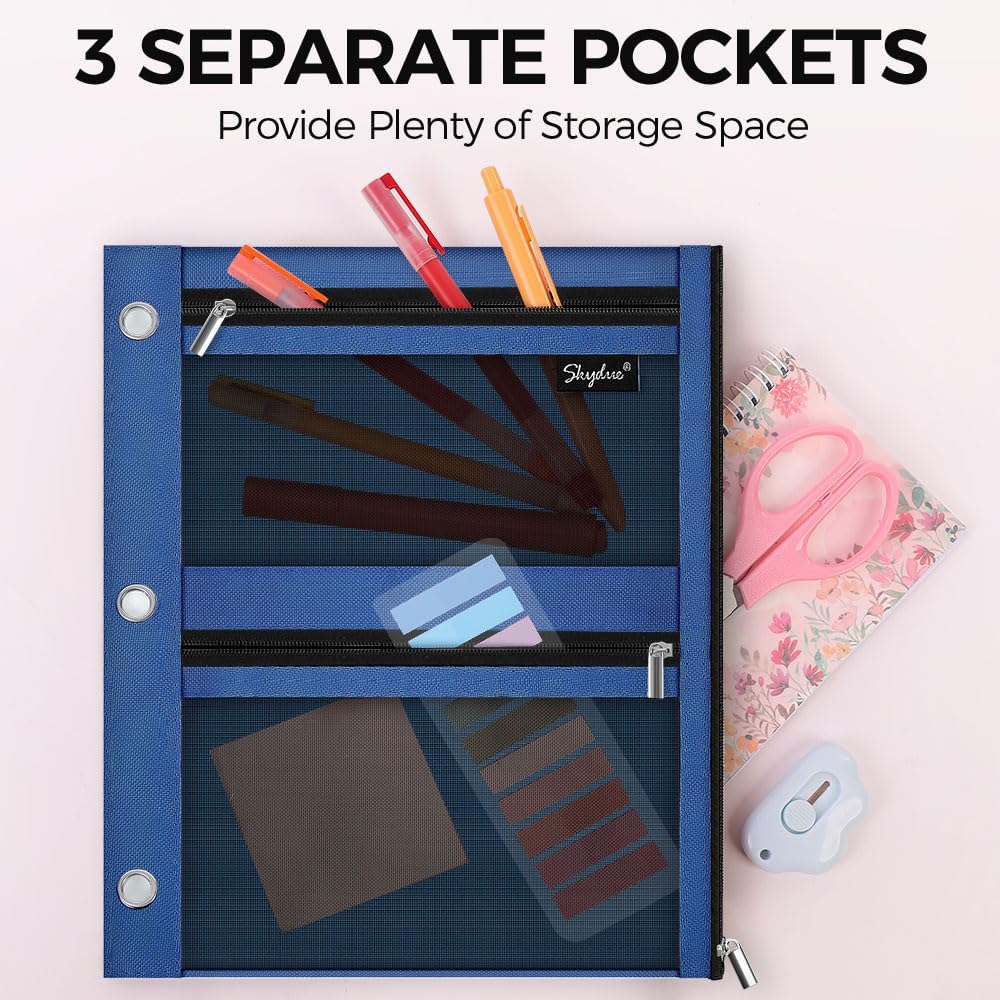 SKYDUE Pencil Pouch for Binder, Pencil Case, 3 Ring Binder Pencil Pouch with 3 Pockets and Mesh Window, Zipper Pencil Pouch, Durable Organizer for School Supplies, Cables, Earbuds, Makeup