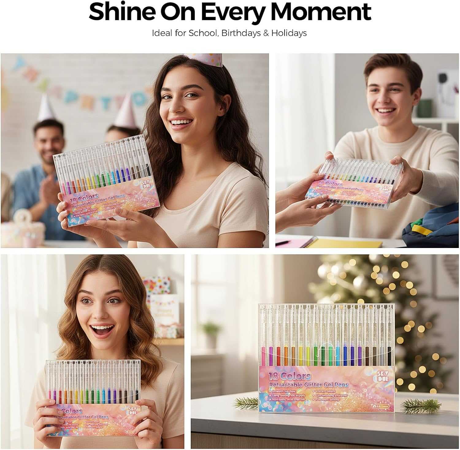 SKYDUE 18 Color Glitter Gel Pens, Retractable Sparkle Glitter Pens for Coloring Books, Adult, Kids, Art Creators