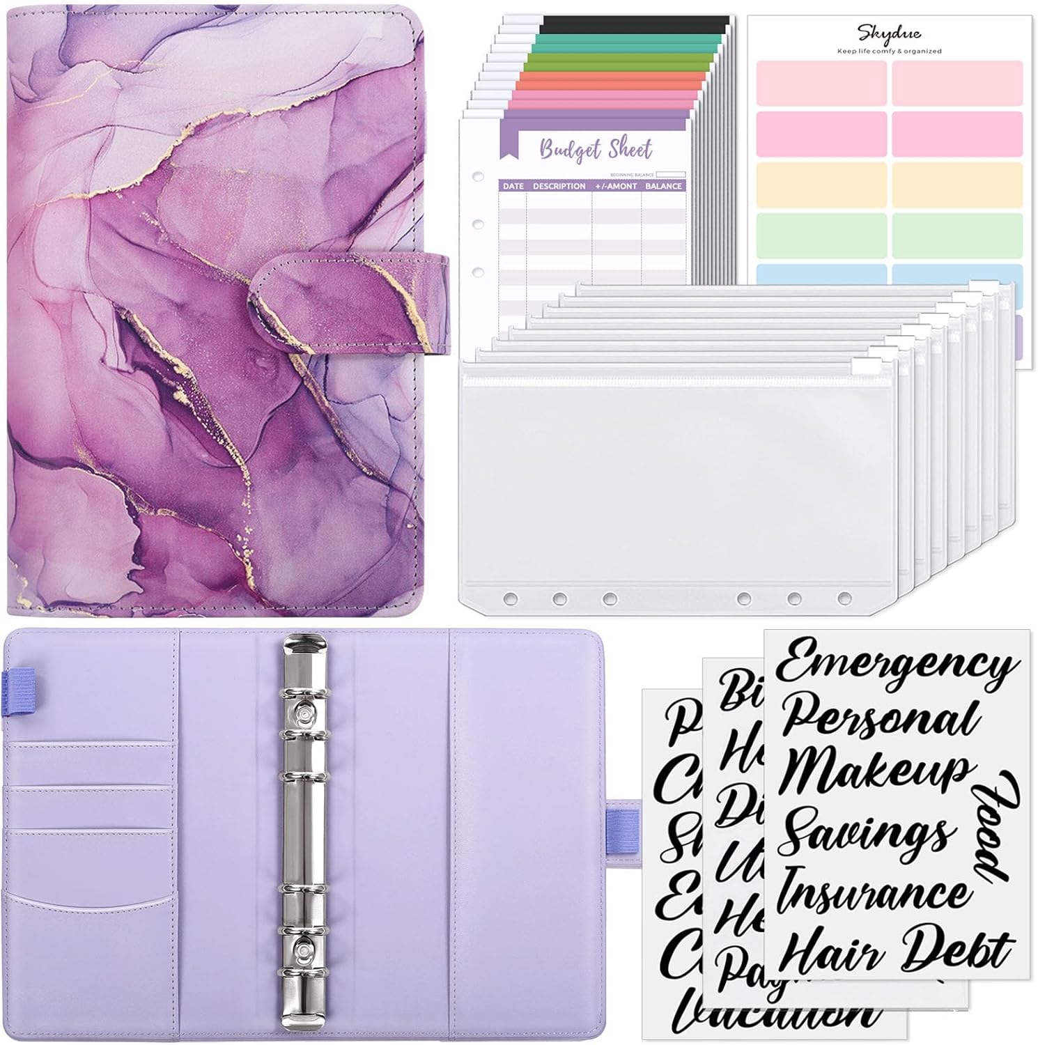 SKYDUE Budget Binder, Money Saving Binder with Zipper Envelopes, Cash Envelopes and Expense Budget Sheets for Budgeting