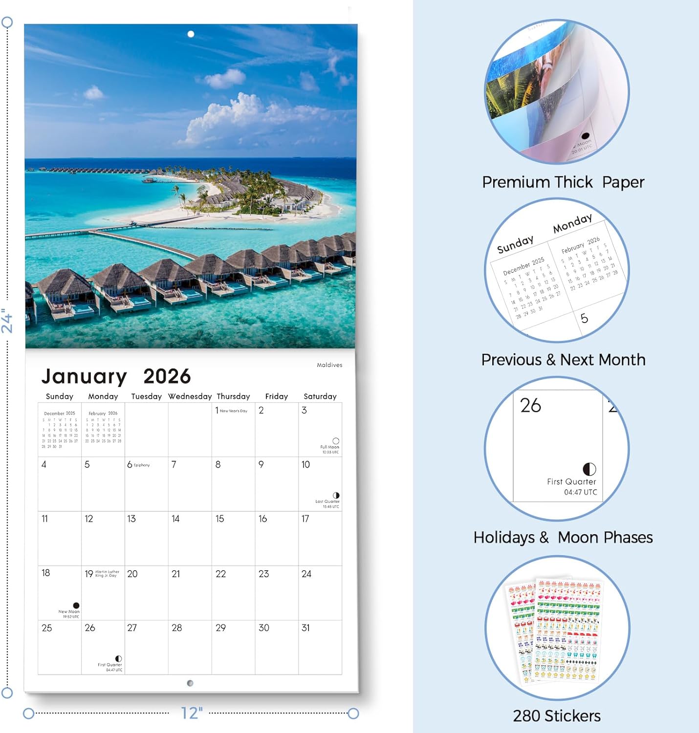SKYDUE 2026 Wall Calendar 12"x24" Opened, 18-Month Puppy Dog Calendar from January 2026 to June 2027 with Stickers, Thick Paper Monthly Calendar for Home Office Organizing & Planning