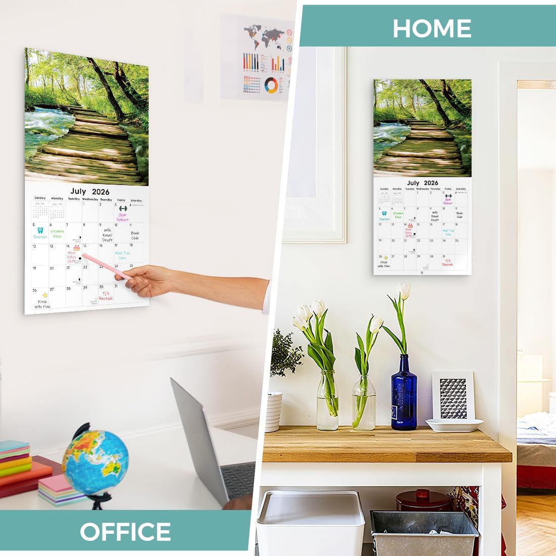 SKYDUE 2026 Wall Calendar 12"x24" Opened, 18-Month Puppy Dog Calendar from January 2026 to June 2027 with Stickers, Thick Paper Monthly Calendar for Home Office Organizing & Planning