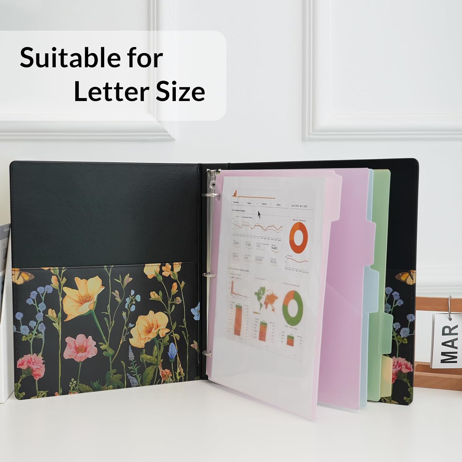 SKYDUE 1 Inch 3-Ring Binder with Clipboard, PU Aesthetic Binder with 5 Dividers, Notepad, Stickers & Pockets for Work and School (Letter Size)