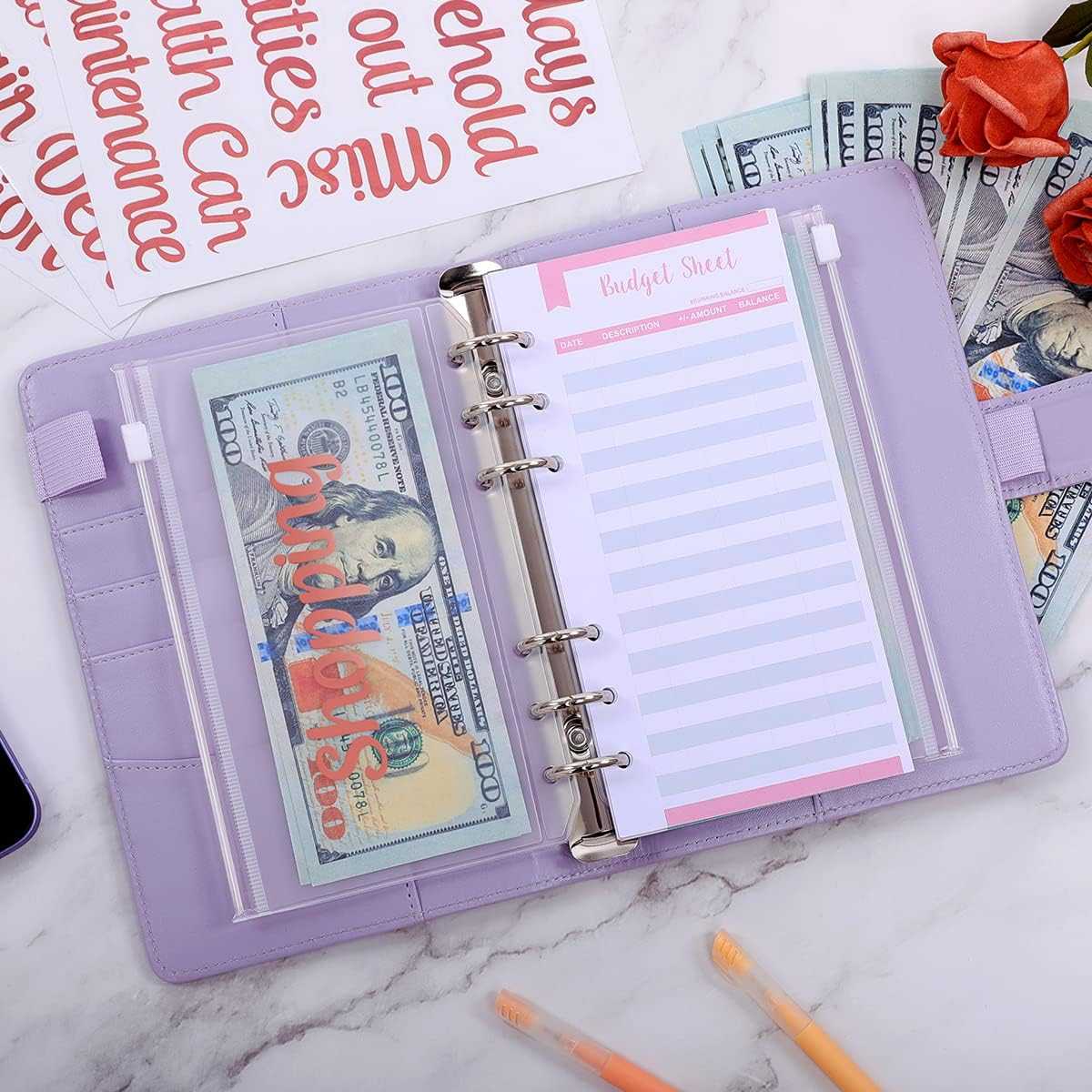 SKYDUE Buckle Budget Binder with Zipper Envelopes and 12 Pcs Budget Stickers Set