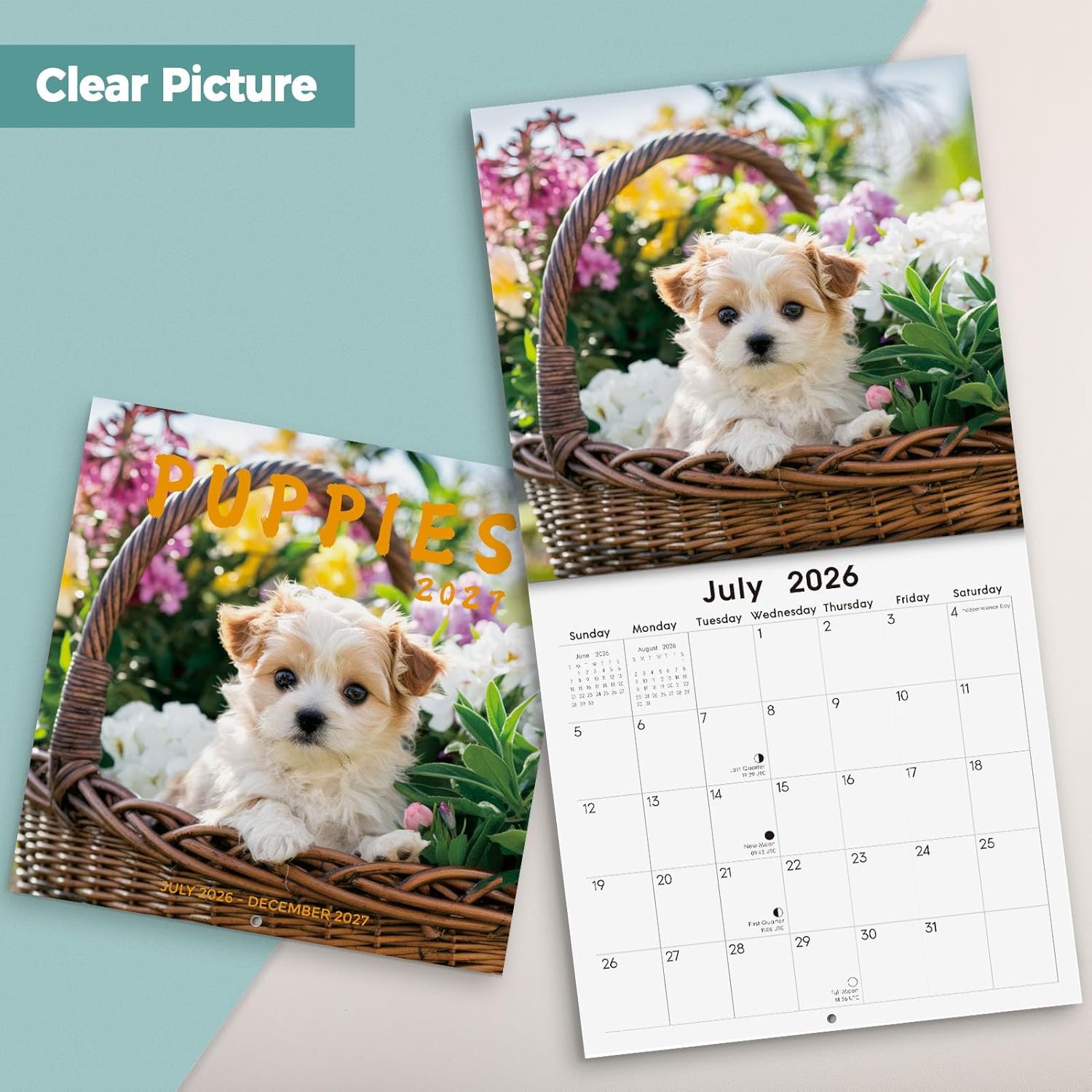 SKYDUE 2026 Wall Calendar 12"x24" Opened, 18-Month Puppy Dog Calendar from January 2026 to June 2027 with Stickers, Thick Paper Monthly Calendar for Home Office Organizing & Planning