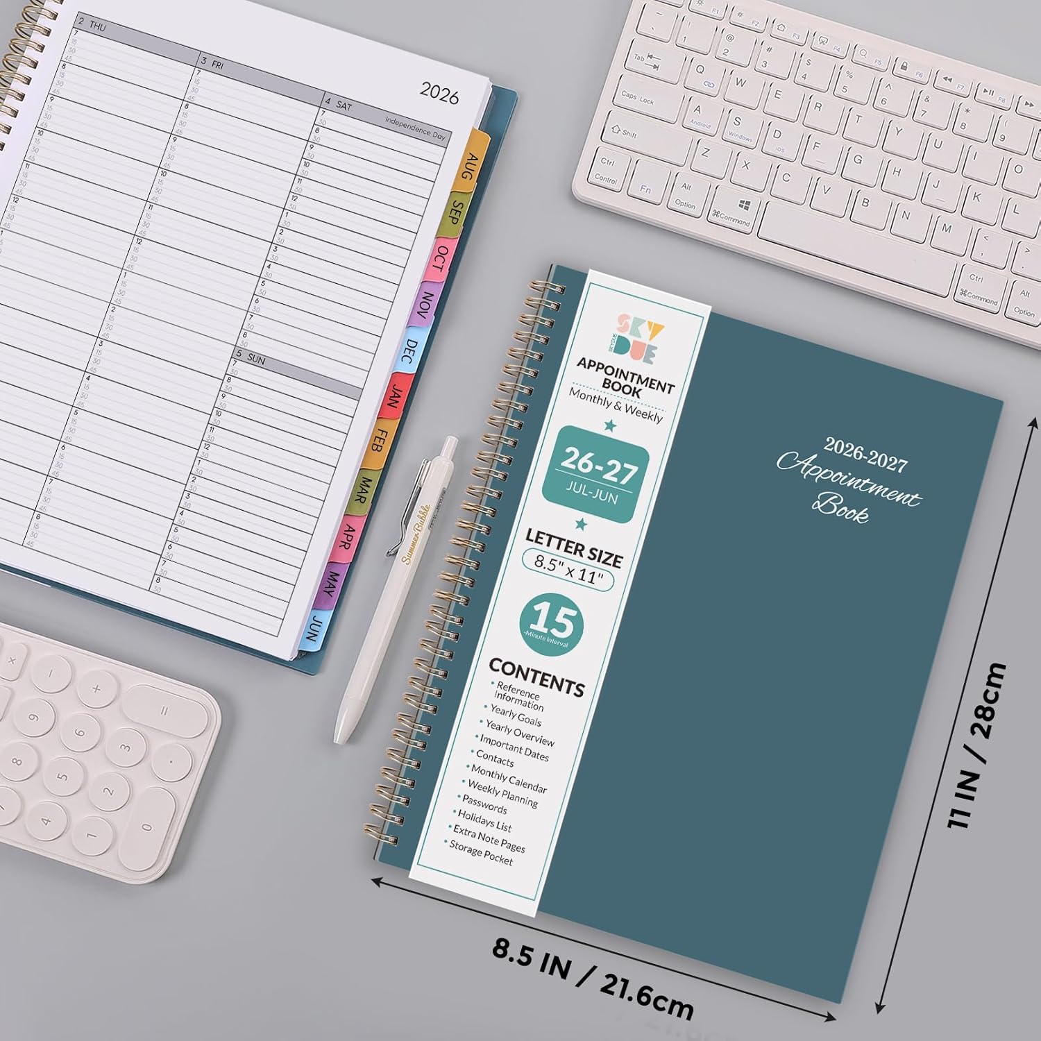 SKYDUE Appointment Book 2026-2027, Academic Hourly Planner from July 2026 - June 2027, 8.5" x 11" Weekly & Monthly Schedule Planner with 15-Minute Interval- Perfect for Daily Planning White Flower