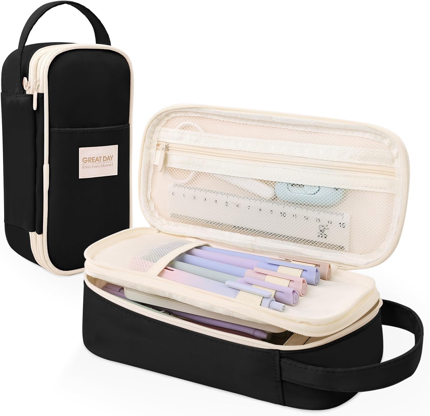 SKYDUE Black Pencil Case for Girls & Boys - Aesthetic Pencil Bag with Multi-Compartment, Large Capacity Zippered Pencil Pouch for School Supply