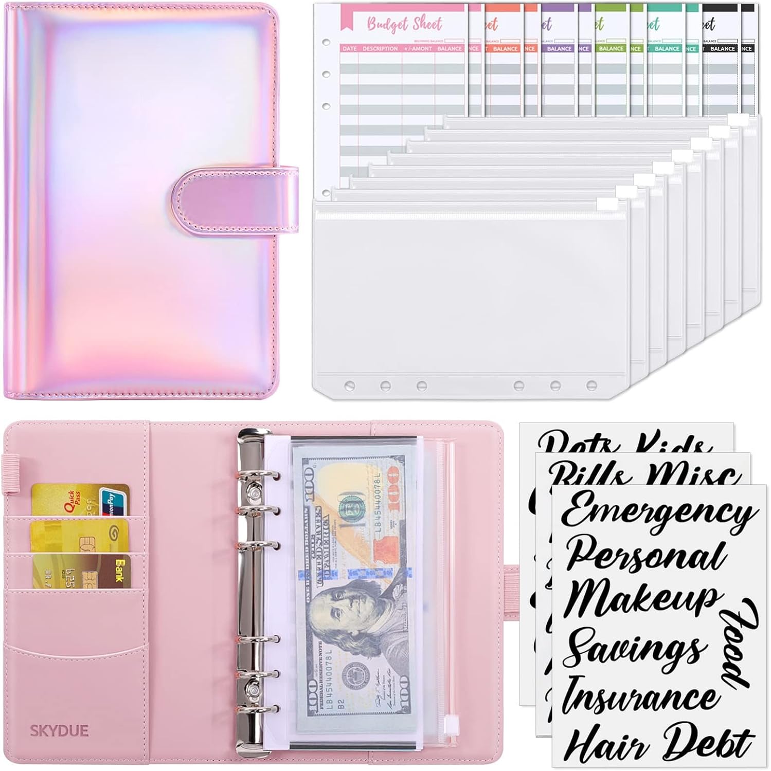 SKYDUE Budget Binder, Money Saving Binder with Zipper Envelopes, Cash Envelopes and Expense Budget Sheets for Budgeting