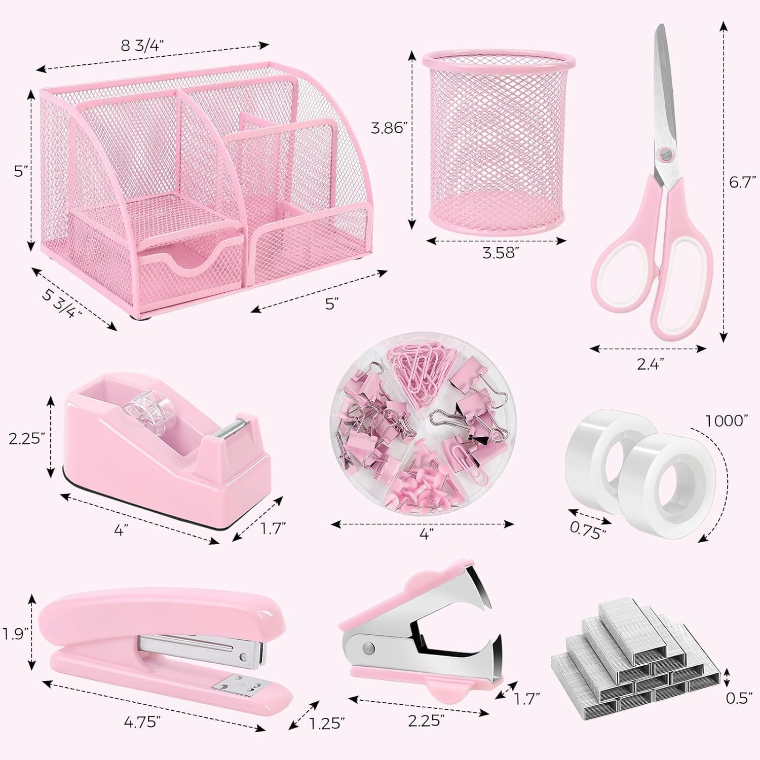 SKYDUE Pink Desk Accessories, Pink Office Supplies Set, Mesh Desk Organizer, Stapler, Tape Dispenser, Scissors, Binder/Paper Clips and 1000pcs Staples,Desk Organizer for Women