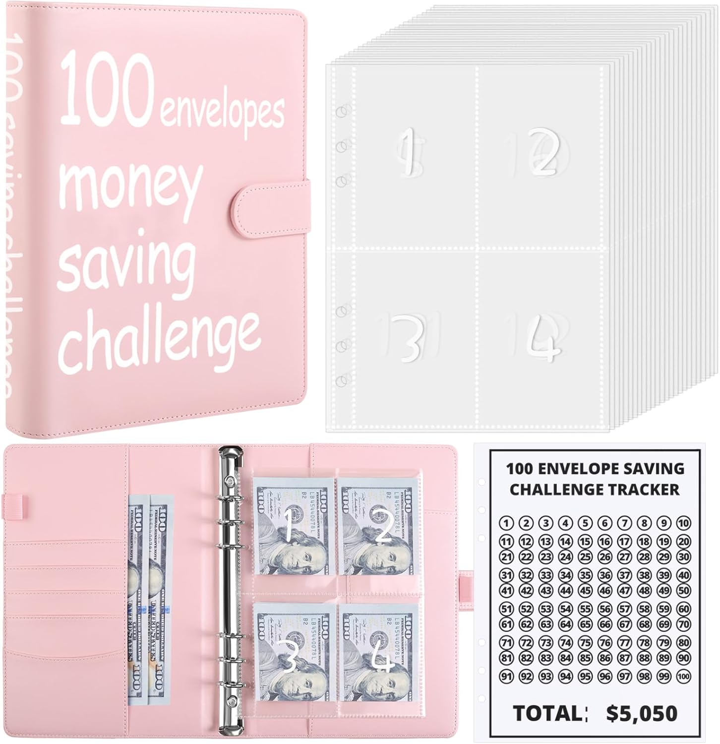 SKYDUE 100 Envelopes Money Savin Challenge Binder, A5 Money Saving Budget Binder with Cash Envelopes - Savings Challenges Book to Save $5,050