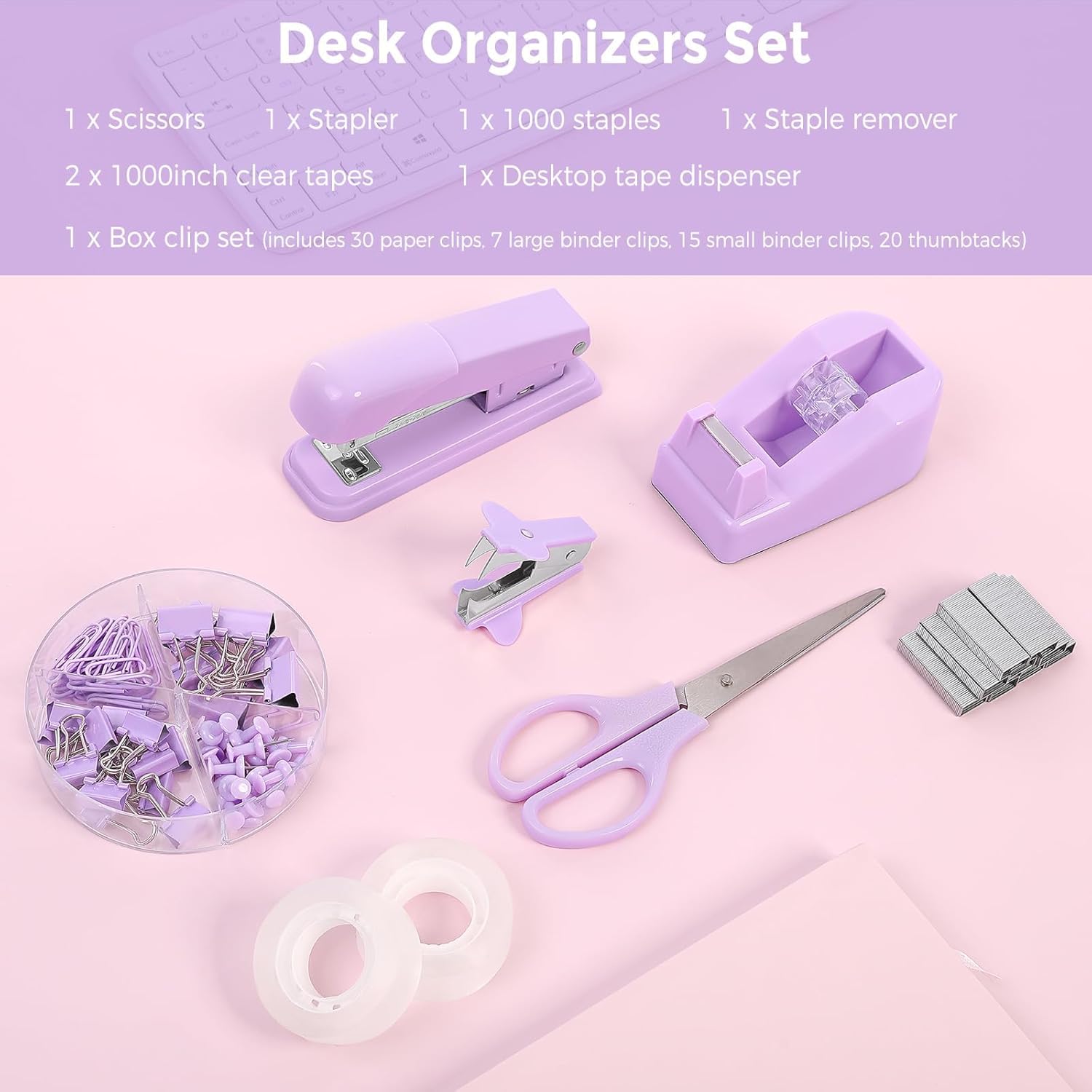 SKYDUE Pink Office Desk Accessories, Pink Office Supplies, Stapler, Tape Dispenser, Scissors, Clips and 1000pcs Staples,Office Supplies for Desk for Women