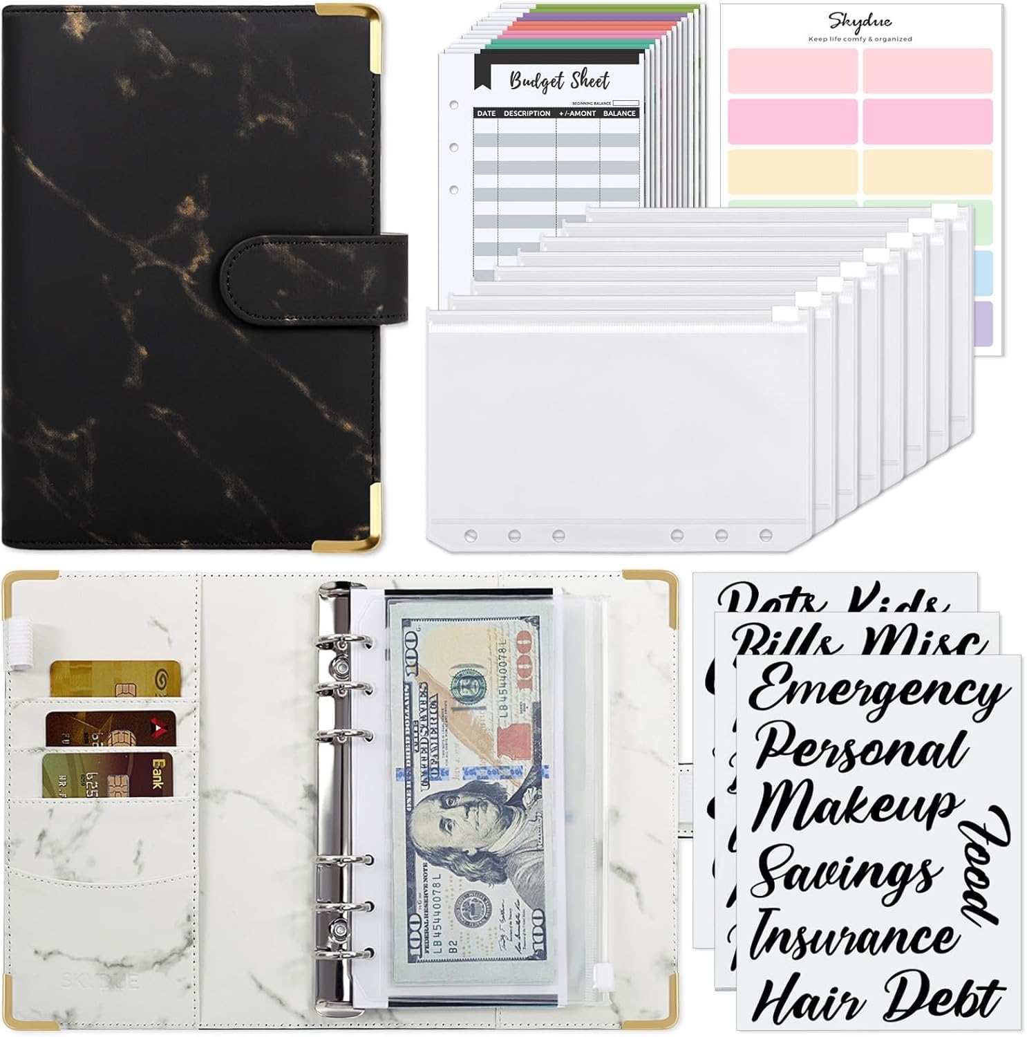 SKYDUE Budget Binder, Money Saving Binder with Zipper Envelopes, Cash Envelopes and Expense Budget Sheets for Budgeting
