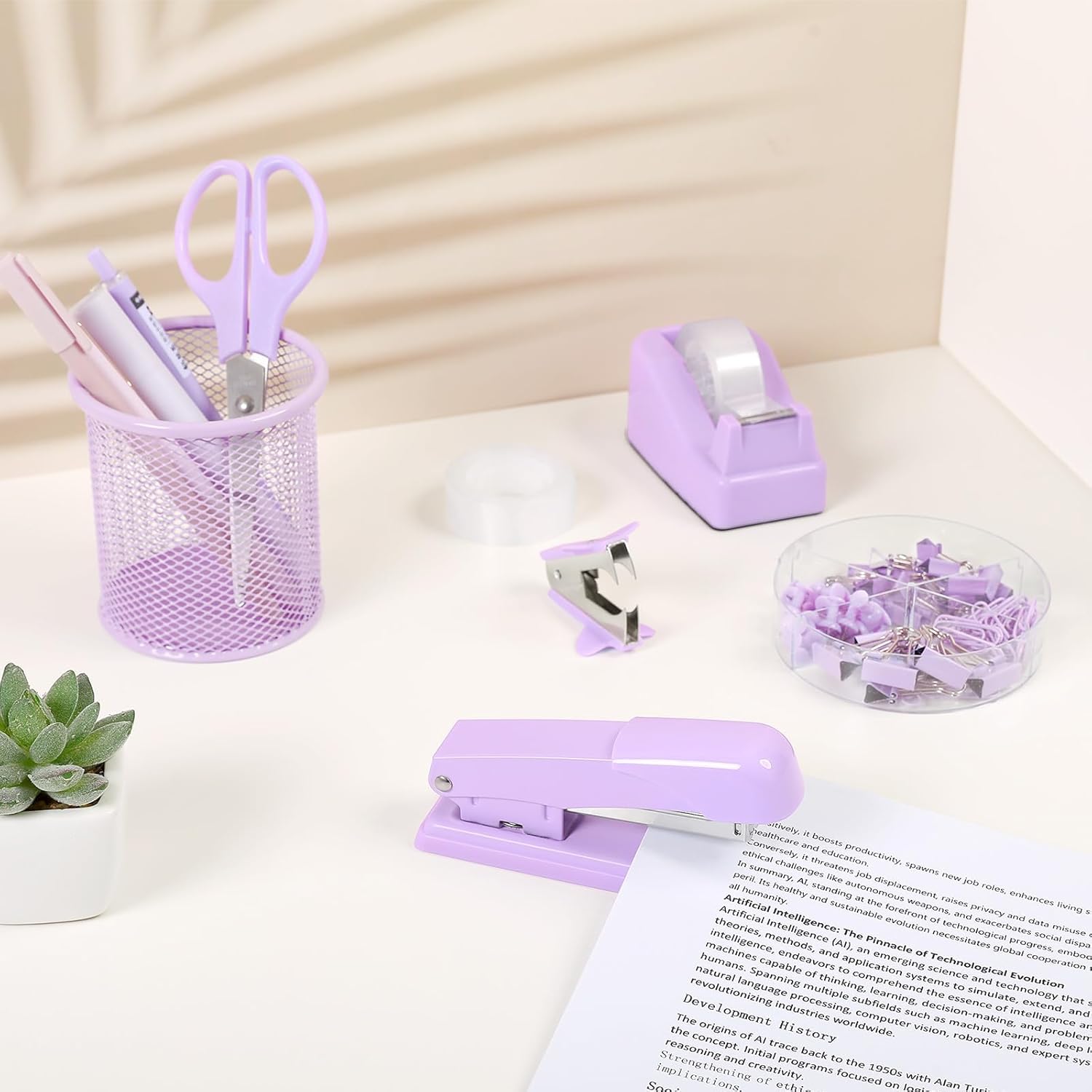 SKYDUE Pink Office Desk Accessories, Pink Office Supplies, Stapler, Tape Dispenser, Scissors, Clips and 1000pcs Staples,Office Supplies for Desk for Women