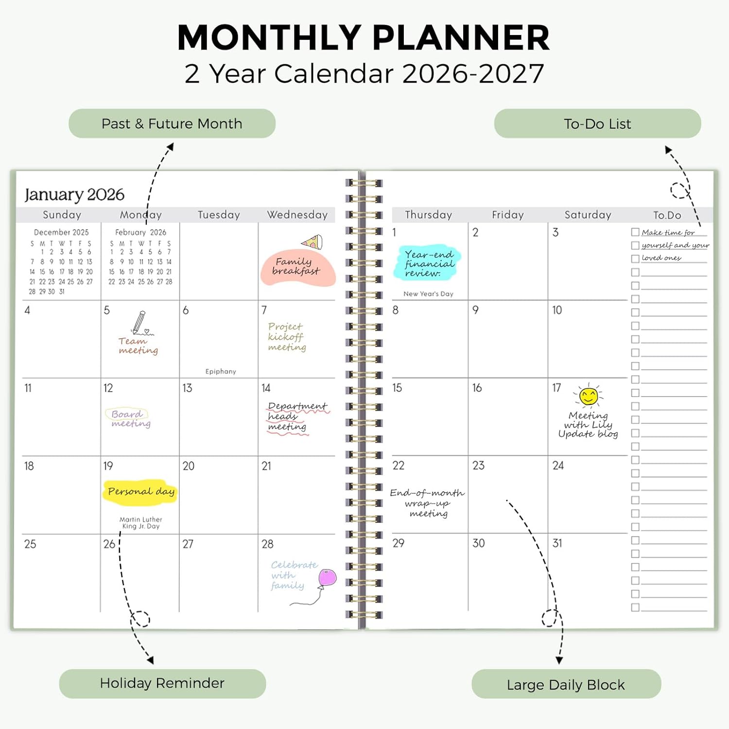 SKYDUE Monthly Planner 2026-2027, 24 Months Calendar Planner 2026-2027, 7.5" x 10" B5 Planner, Twin-wire Spiral Bound, Durable Waterproof Cover, Thick No-Bleed Paper, Floral